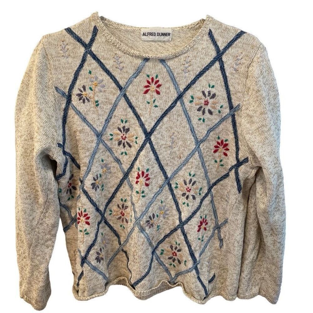 Alfred Dunner Womens Denim Lattice Embroidered Crewneck Sweater M Grannycore